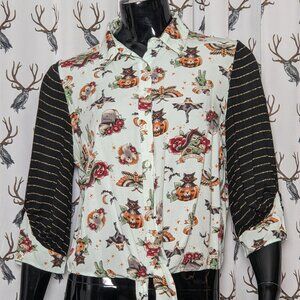 Upcycled Dangerfield Retro Halloween Print Tie Front Shirt